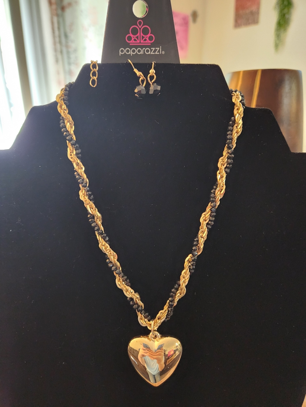 paparazzi Gold and Black Twisted Heart Pendant Necklace